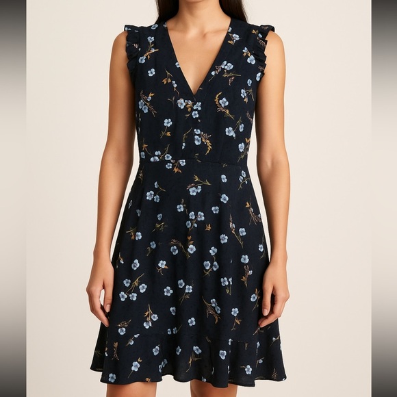 Rebecca Taylor Silk Floral Embossed Dot Navy Ruffle Dress Sz 8 - Picture 1 of 6